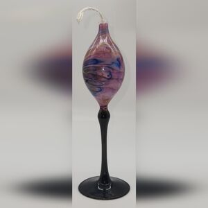 Vintage Hand Blown Glass Iridescent Purple Pedestal Oil Lamp 9.5"tall